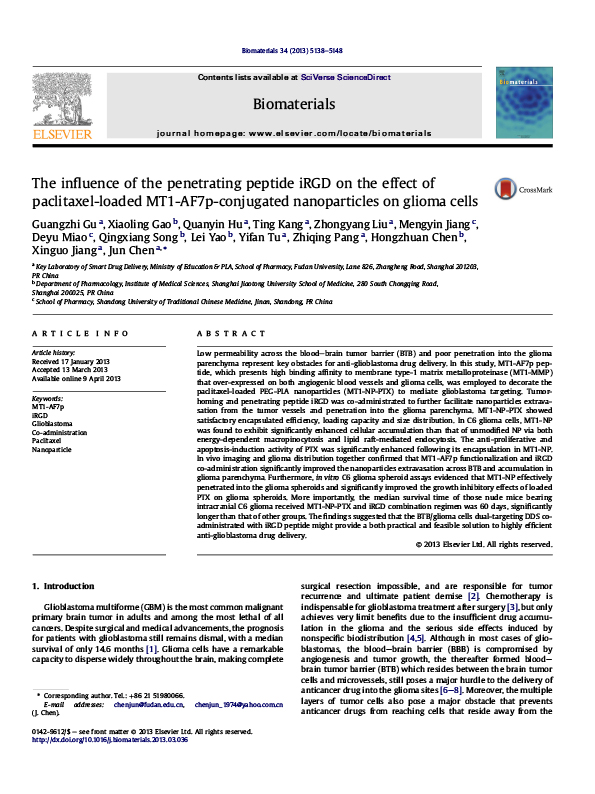 The influence of the penetrating peptide iRGD on the effect of paclitaxel-loaded MT1-AF7p-conjugated nanoparticles on glioma cells