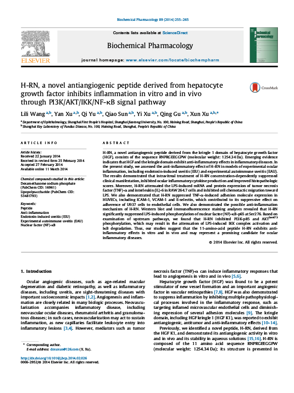 H-RN, a novel antiangiogenic peptide derived from hepatocyte growth factor inhibits inflammation in vitro and in vivo through PI3K/AKT/IKK/NF-kB signal pathway