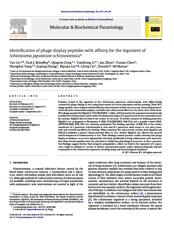 Identification of phage display peptides with affinity for the tegument of Schistosoma japonicum schistosomula