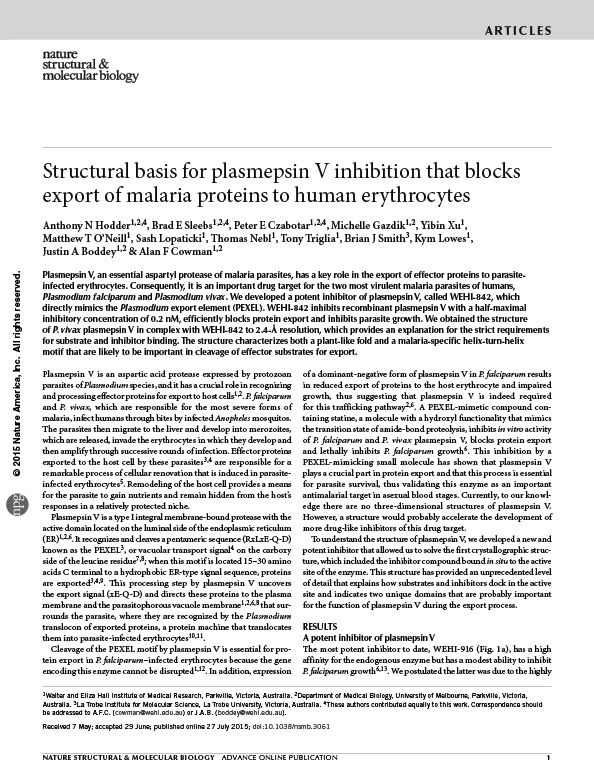 Structural basis for plasmepsin V inhibition that blocks export of malaria proteins to human erythrocytes