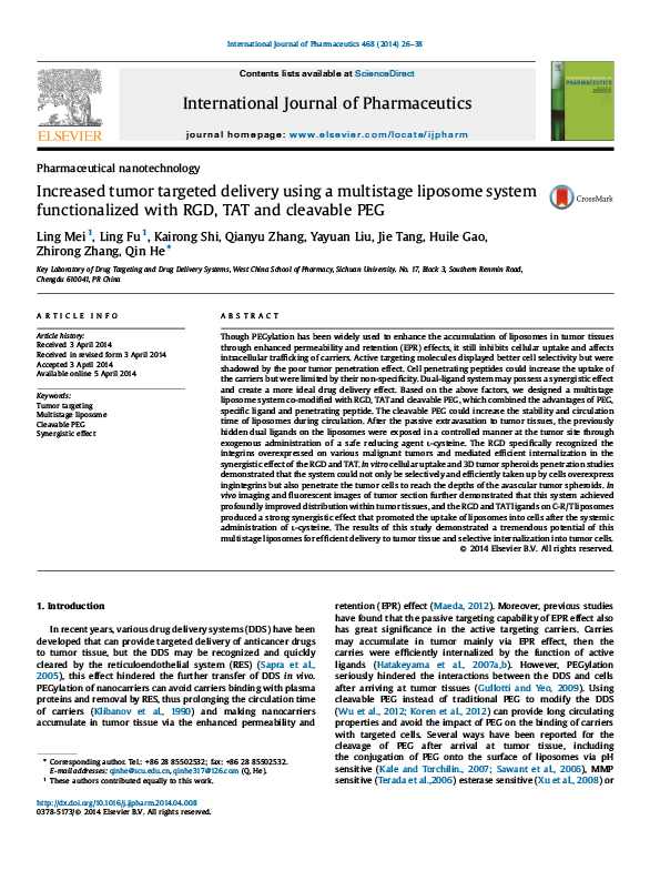 Increased tumor targeted delivery using a multistage liposome system functionalized with RGD, TAT and cleavable PEG