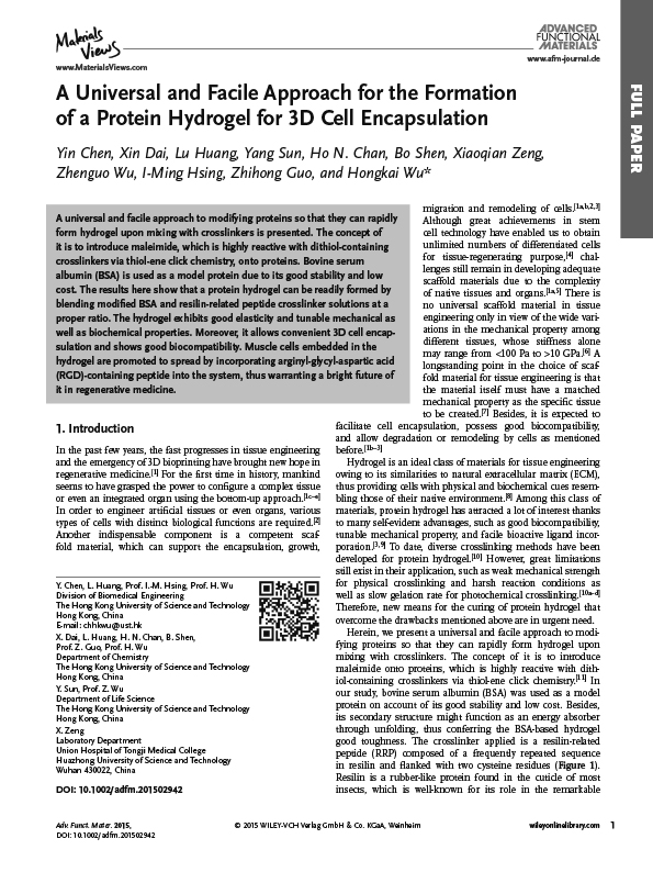 A Universal and Facile Approach for the Formation of a Protein Hydrogel for 3D Cell Encapsulation