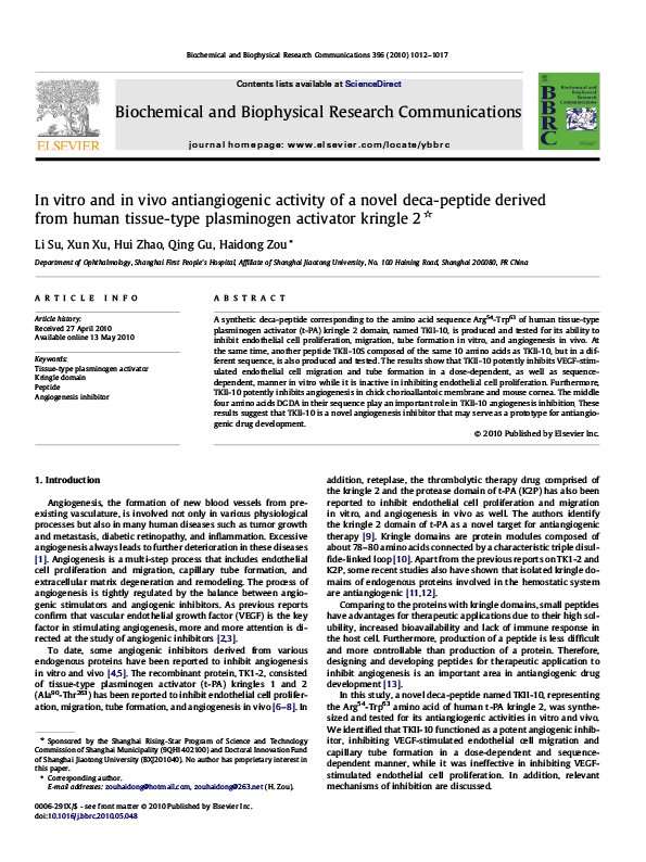 In vitro and in vivo antiangiogenic activity of a novel deca-peptide derived from human tissue-type plasminogen activator kringle 2