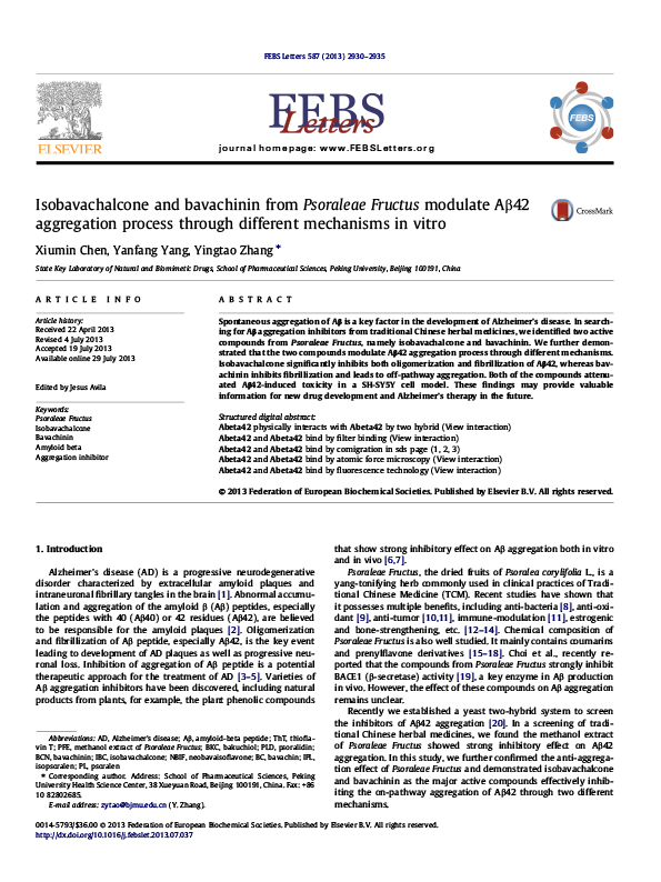 Isobavachalcone and bavachinin from Psoraleae Fructus modulate Aβ42 aggregation process through different mechanisms in vitro