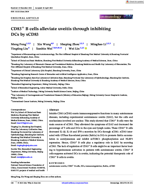 CD83+ B cells alleviate uveitis through inhibiting DCs by sCD83