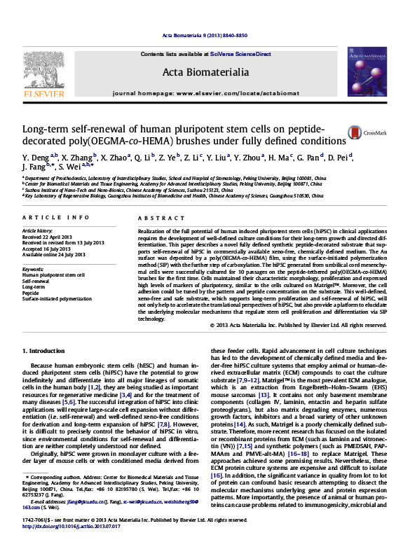 Long-term self-renewal of human pluripotent stem cells on peptidedecorated poly(OEGMA-co-HEMA) brushes under fully defined conditions