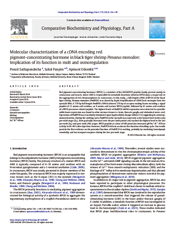 Molecular characterization of a cDNA encoding red pigment-concentrating hormone in black tiger shrimp Penaeus monodon:Implication of its function in molt and osmoregulation