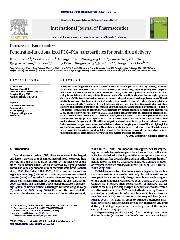 Penetratin-functionalized PEG–PLA nanoparticles for brain drug delivery