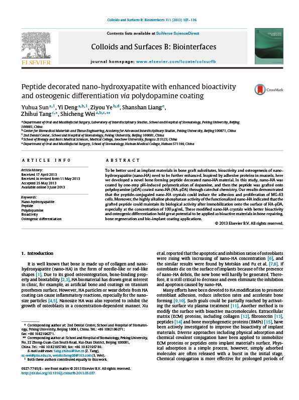 Peptide decorated nano-hydroxyapatite with enhanced bioactivity and osteogenic differentiation via polydopamine coating