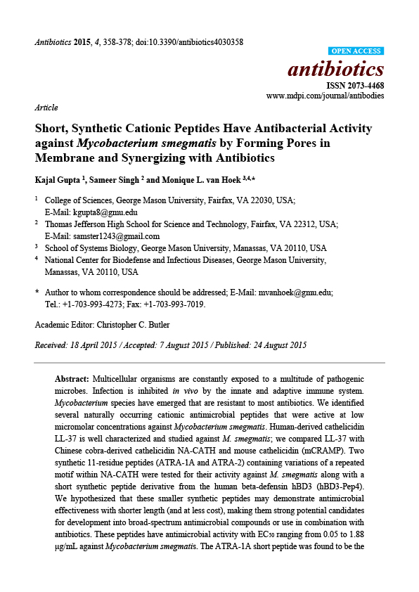 Short, Synthetic Cationic Peptides Have Antibacterial Activity against Mycobacterium smegmatis by Forming Pores in Membrane and Synergizing with Antibiotics