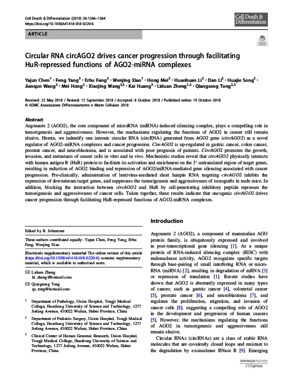 Circular RNA circAGO2 drives cancer progression through facilitating HuR-repressed functions of AGO2-miRNA complexes